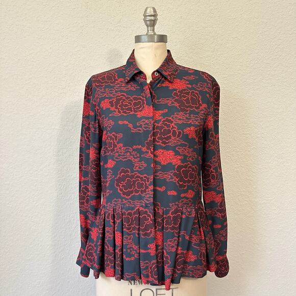 DRIES VAN NOTEN Cloud Print Top Black Red Pleated Peplum Blouse - Picture 1 of 13